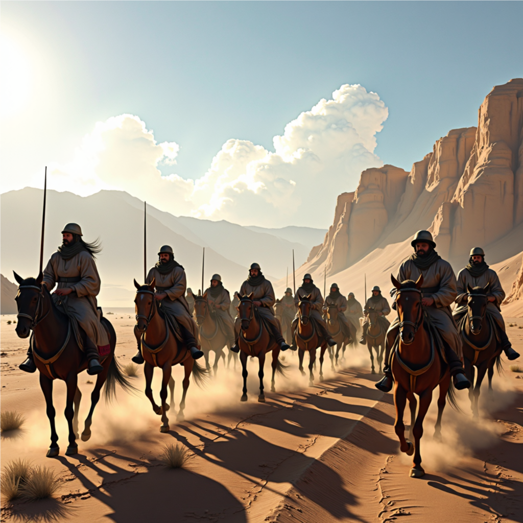 "A powerful scene of a large Muslim army on horseback, with soldiers carrying banners and swords, marching through a desert landscape under a clear sky. This army, mobilized under the leadership of Abu Bakr Al-Siddiq, reflects his strategic vision and determination to unite the Islamic state and expand its reach during the early years of Islam.