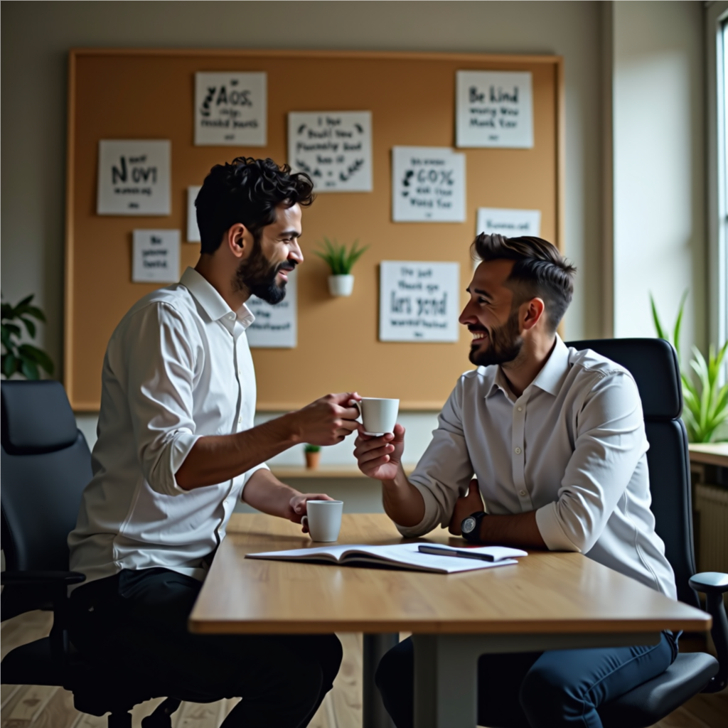 A compassionate workplace environment guided by Islamic ethics, where a Muslim manager supports a colleague with kindness and empathy.