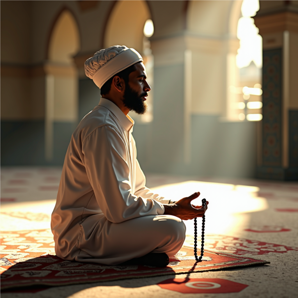 A Muslim man in a white thobe and turban sitting on a patterned prayer mat in a mosque, holding a Tasbih with eyes closed in peaceful reflection, natural light streaming through ornate windows.