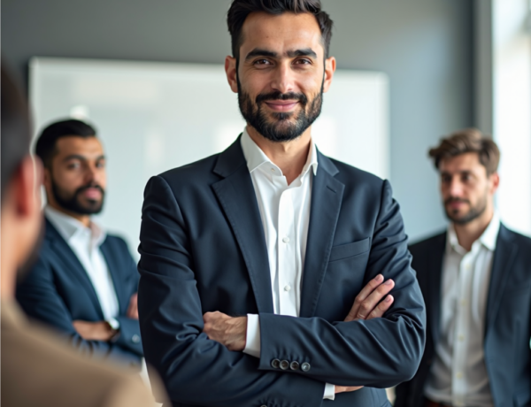 A Muslim leader promoting Islamic ethics in a diverse workplace, emphasizing values like justice, honesty, and compassion.