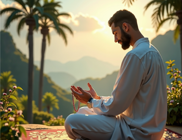 A serene oasis bathed in golden sunlight, featuring a devout Muslim man engaged in Dhikr, seated on an intricately patterned prayer mat and holding Tasbih beads. Surrounded by lush palm trees, a babbling brook, and blooming flowers, the scene radiates peace and spiritual connection, with a soft blue sky and wispy clouds completing the tranquil atmosphere of Dhikr