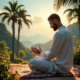 A serene oasis bathed in golden sunlight, featuring a devout Muslim man engaged in Dhikr, seated on an intricately patterned prayer mat and holding Tasbih beads. Surrounded by lush palm trees, a babbling brook, and blooming flowers, the scene radiates peace and spiritual connection, with a soft blue sky and wispy clouds completing the tranquil atmosphere of Dhikr